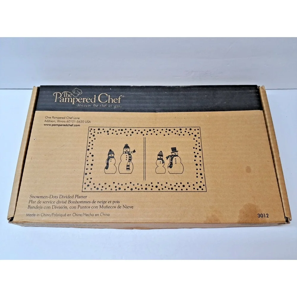 Pampered Chef Snowman-Dots Divided Serving Platter Clear Glass Original Box